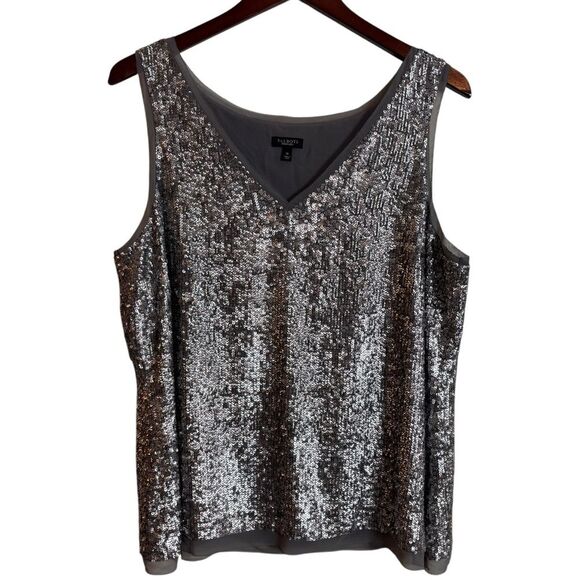 Talbots Silver Grey Sequin Sleeveless Shell Tank Top Blouse Plus Size 16 V Neck - Picture 8 of 12
